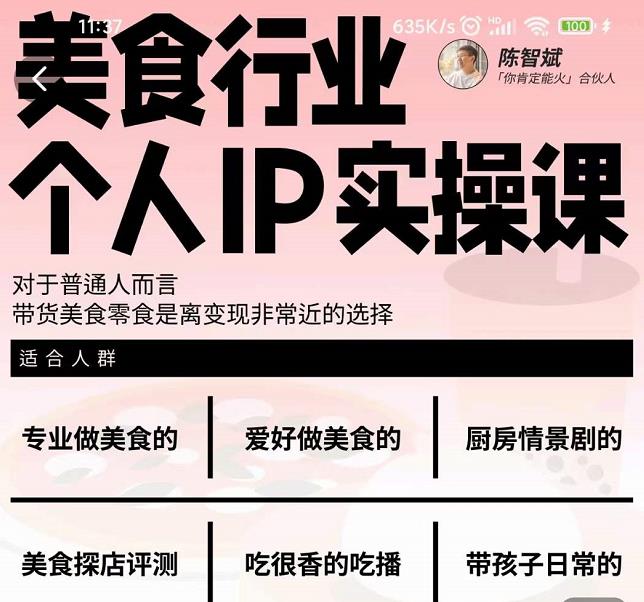 美食行业个人IP实操课，对于普通人而言，带货美食零食是离变现非常近的选择搞钱网创吧-网创项目资源站-副业项目-创业项目-搞钱项目搞钱网创吧