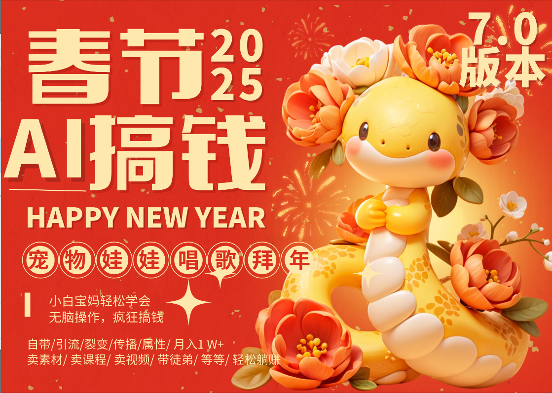 AI春节搞钱7.0升级版 蝴蝶号超火爆萌宠唱歌拜年  AI一键制作 批量出内容   春节做轻松躺赚 每日轻松十分钟  月赚米1W+  抓紧冲！可做视频 可卖素材只带小白和宝妈！网创吧-网创项目资源站-副业项目-创业项目-搞钱项目搞钱网创吧