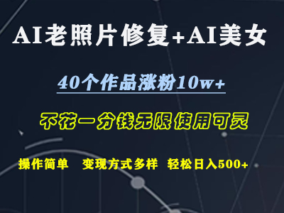 AI老照片修复+AI美女玩发  40个作品涨粉10w+  不花一分钱使用可灵  操作简单  变现方式多样话   轻松日去500+网创吧-网创项目资源站-副业项目-创业项目-搞钱项目搞钱网创吧