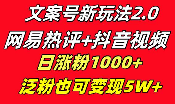 文案号新玩法 网易热评+抖音文案 一天涨粉1000+ 多种变现模式 泛粉也可变现网创吧-网创项目资源站-副业项目-创业项目-搞钱项目搞钱网创吧