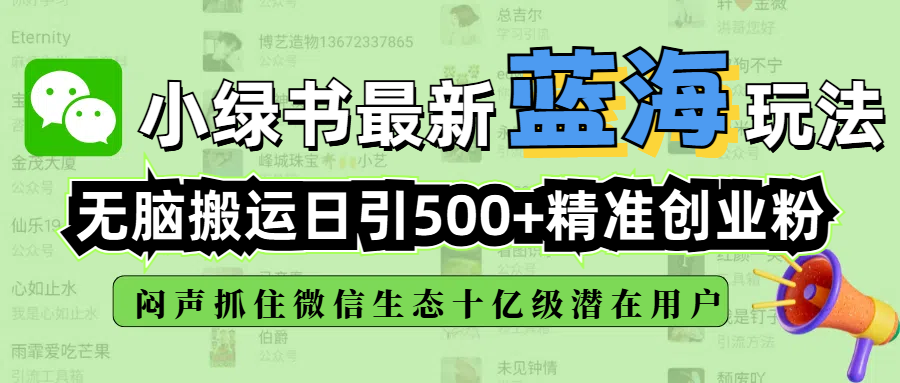 小绿书最新蓝海玩法，无脑搬运日引500+精准创业粉，闷声抓住微信生态十亿级潜在用户搞钱网创吧-网创项目资源站-副业项目-创业项目-搞钱项目搞钱网创吧