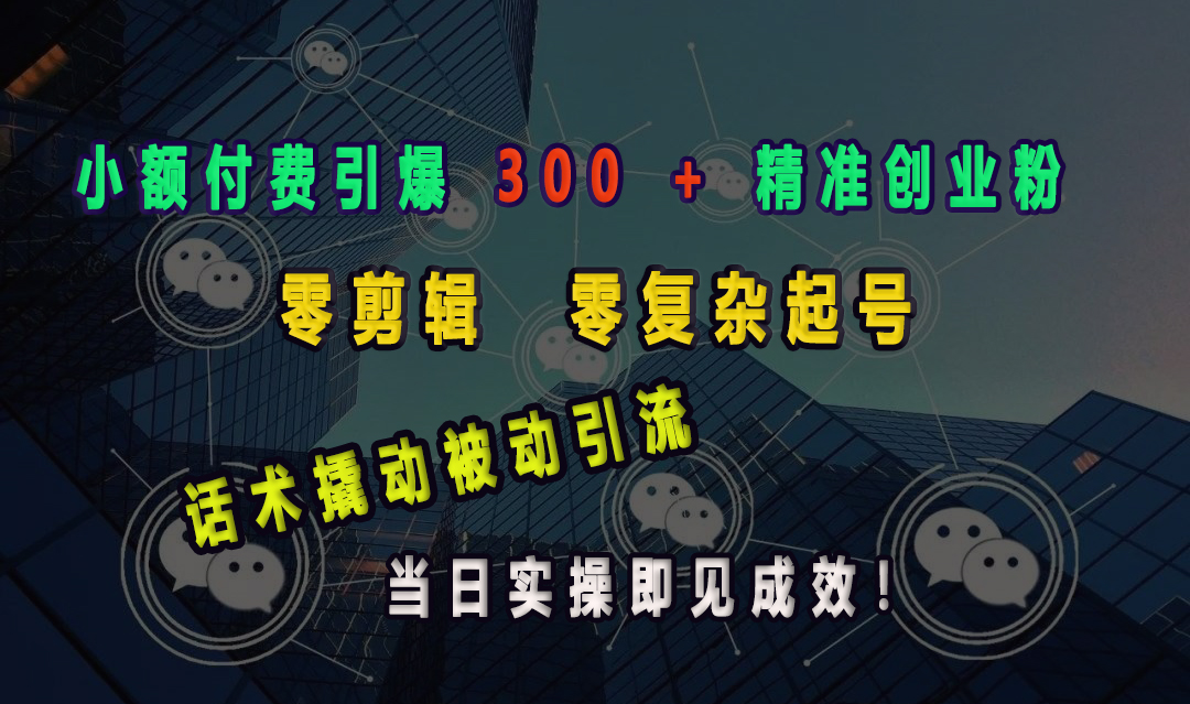 小额付费引爆 300 + 精准创业粉，零剪辑、零复杂起号，话术撬动被动引流，当日实操即见成效！网创吧-网创项目资源站-副业项目-创业项目-搞钱项目搞钱网创吧