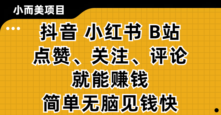 小而美的项目，抖音、小红书、B站视频点赞、关注、评论就能赚钱，简单无脑立见收益！妥妥的零撸项目网创吧-网创项目资源站-副业项目-创业项目-搞钱项目搞钱网创吧
