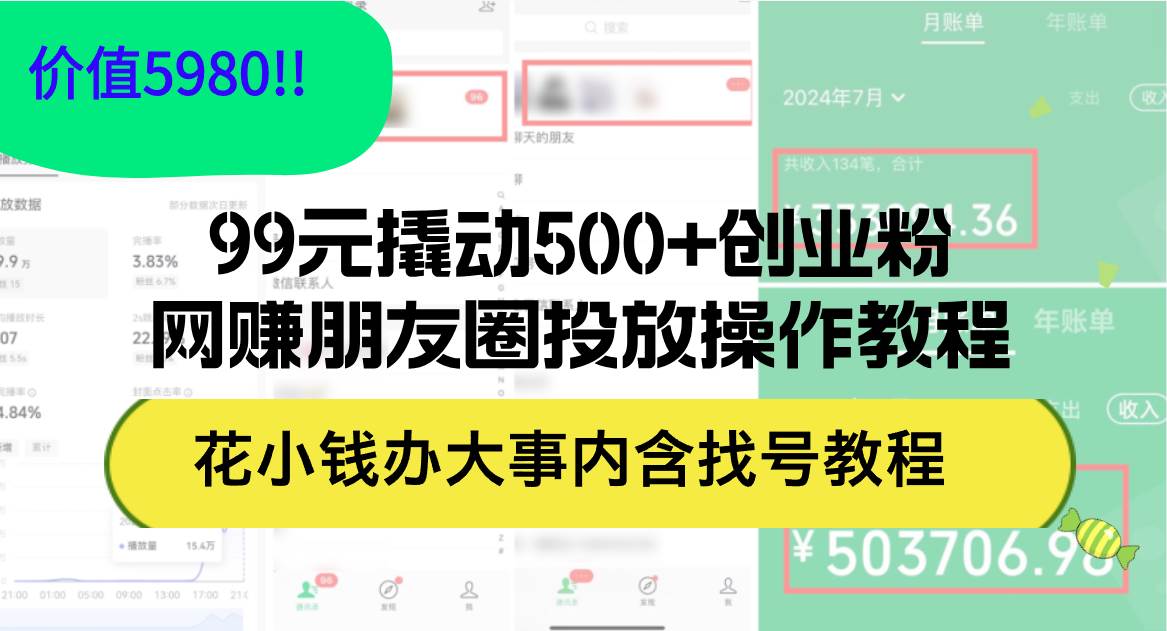 99元撬动500+创业粉，网赚朋友圈投放操作教程价值5980！花小钱办大事内…网创吧-网创项目资源站-副业项目-创业项目-搞钱项目搞钱网创吧