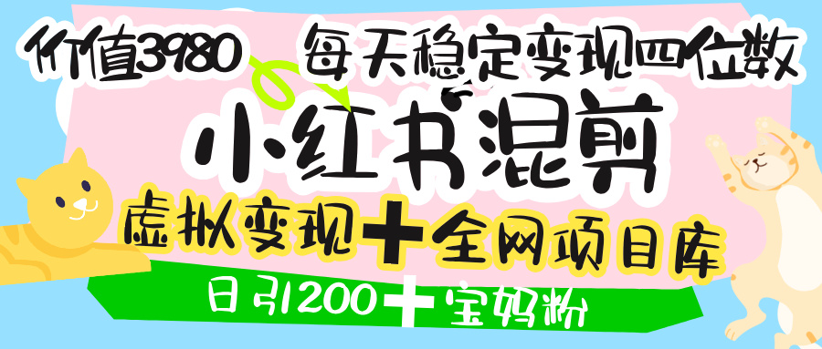 价值3980的小红书混剪， 虚拟变现 ＋全网项目库 ， 日引200+宝妈创业粉，每天稳定四位数变现搞钱网创吧-网创项目资源站-副业项目-创业项目-搞钱项目搞钱网创吧