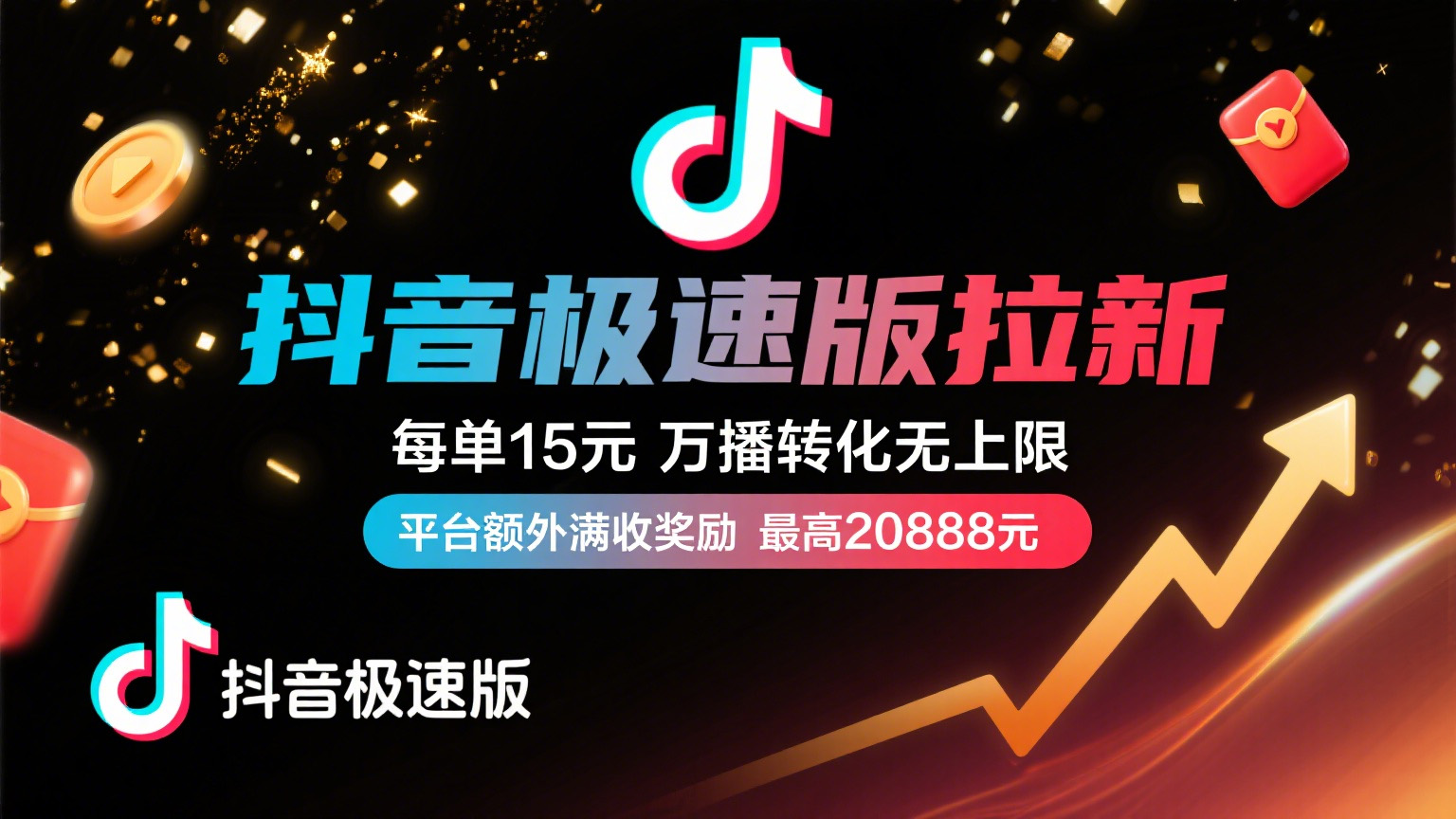 抖音极速版放福利，每单15元，万播转化无上限，平台额外满收奖励，最高可领20888元搞钱网创吧-网创项目资源站-副业项目-创业项目-搞钱项目搞钱网创吧