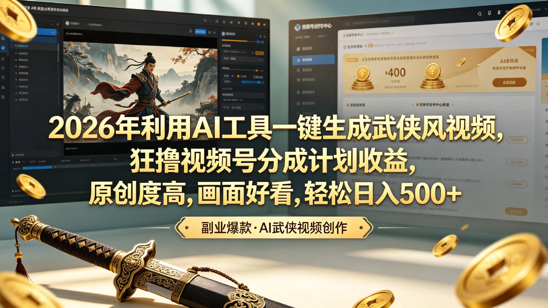 2026年利用AI工具一键生成武侠风视频，狂撸视频号分成计划收益，原创度高，画面好看，轻松日入500+搞钱网创吧-网创项目资源站-副业项目-创业项目-搞钱项目搞钱网创吧